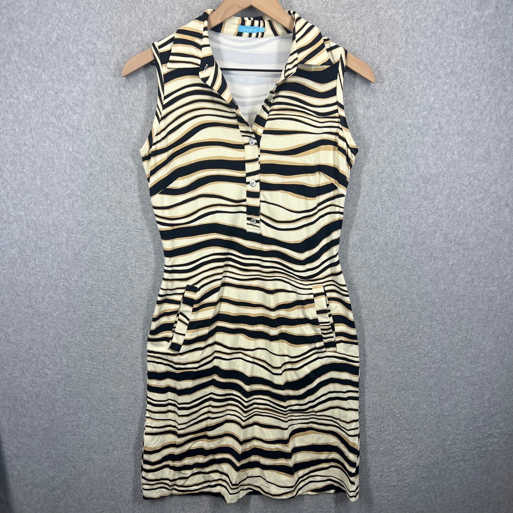 J. McLaughlin Sleeveless Polo Dress Womens XS Tan Black Striped Catalina Cloth